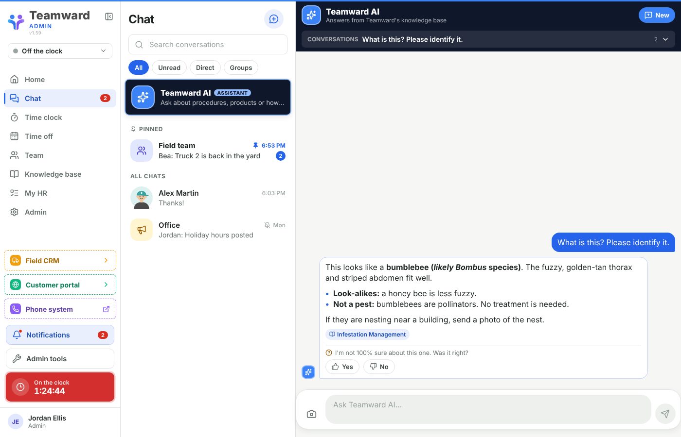 Teamward AI answering a question with sources