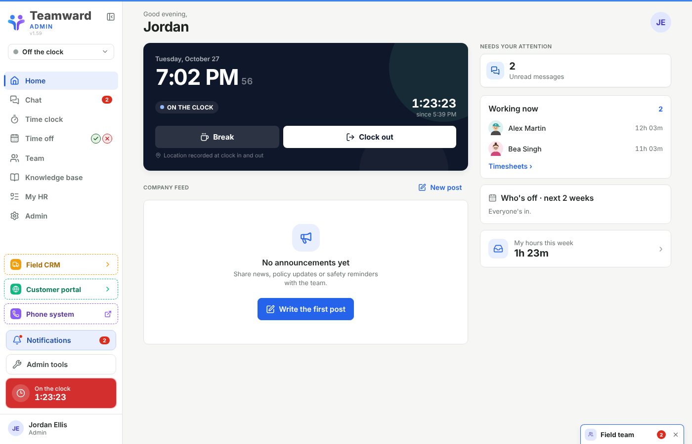 Teamward on a computer: time clock, who's working and the company feed