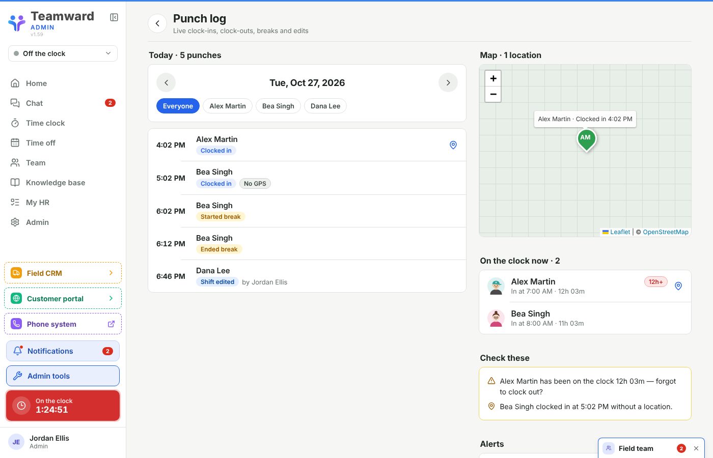 Punch log with a map of clock-in locations