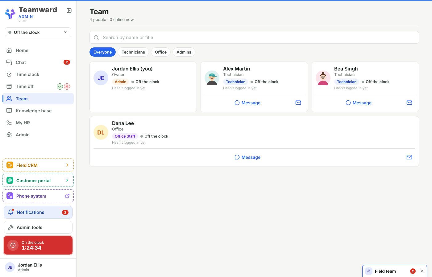 Team directory with status