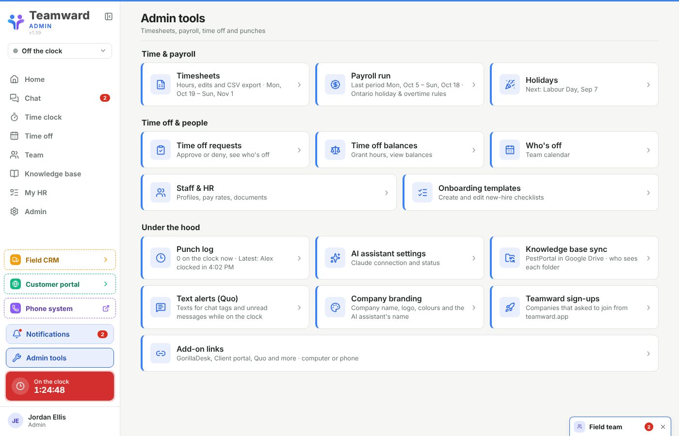 Admin tools dashboard